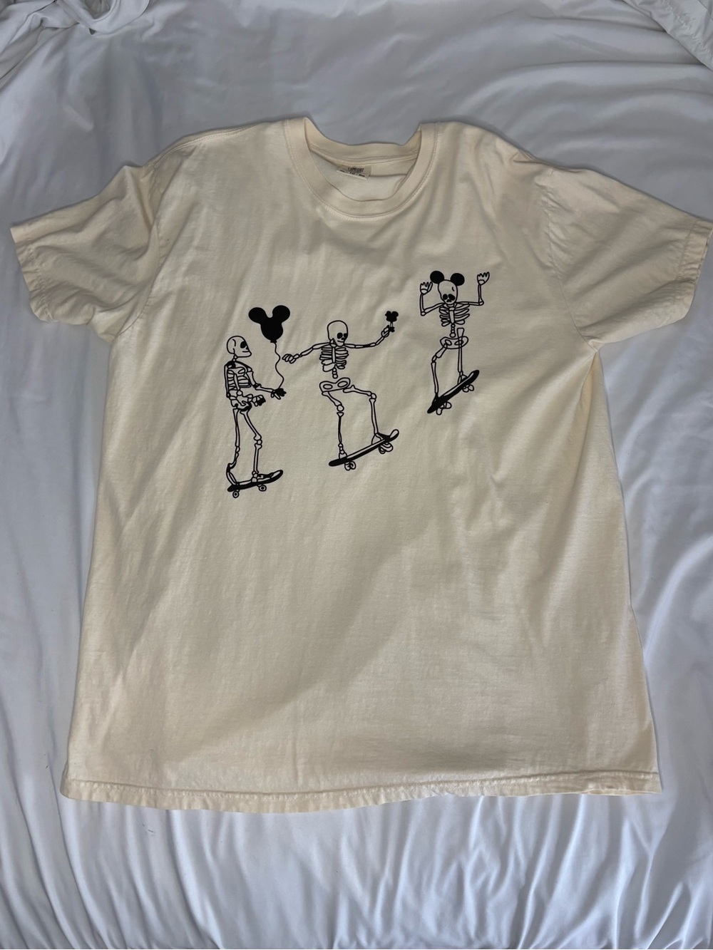 Comfort Colors Cream Tee with Black Skeleton Skateboard Graphic Disney Mickey